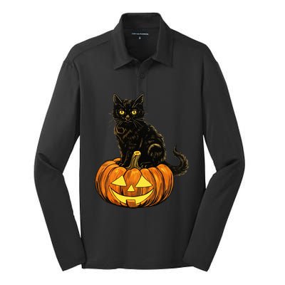 Retro Black Cat Halloween Pumpkin Costume Silk Touch Performance Long Sleeve Polo