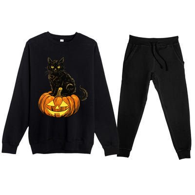 Retro Black Cat Halloween Pumpkin Costume Premium Crewneck Sweatsuit Set