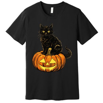 Retro Black Cat Halloween Pumpkin Costume Premium T-Shirt