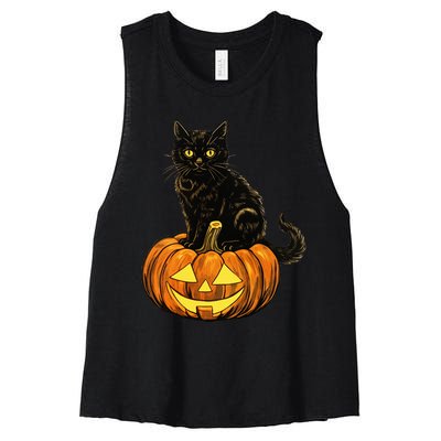 Retro Black Cat Halloween Pumpkin Costume Women's Racerback Cropped Tank