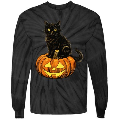 Retro Black Cat Halloween Pumpkin Costume Tie-Dye Long Sleeve Shirt