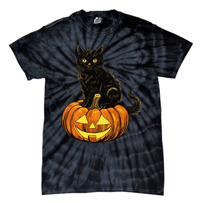 Retro Black Cat Halloween Pumpkin Costume Tie-Dye T-Shirt