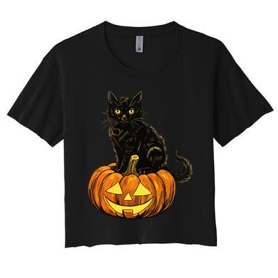 Retro Black Cat Halloween Pumpkin Costume Women's Crop Top Tee