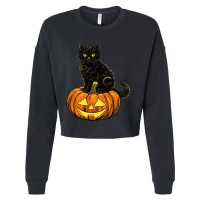 Retro Black Cat Halloween Pumpkin Costume Cropped Pullover Crew