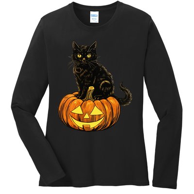 Retro Black Cat Halloween Pumpkin Costume Ladies Long Sleeve Shirt