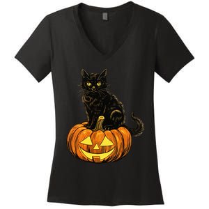 Retro Black Cat Halloween Pumpkin Costume Women's V-Neck T-Shirt