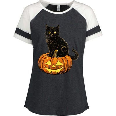 Retro Black Cat Halloween Pumpkin Costume Enza Ladies Jersey Colorblock Tee