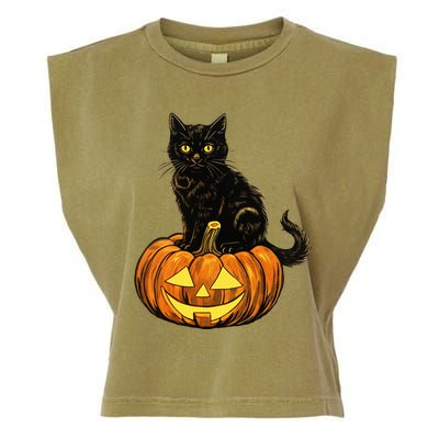 Retro Black Cat Halloween Pumpkin Costume Garment-Dyed Women's Muscle Tee