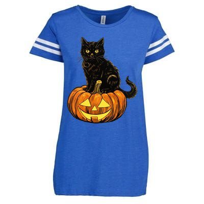 Retro Black Cat Halloween Pumpkin Costume Enza Ladies Jersey Football T-Shirt