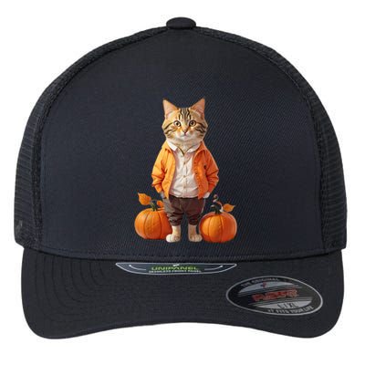 Retro Black Cat Halloween Pumpkin Costume Flexfit Unipanel Trucker Cap