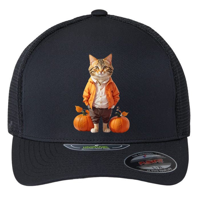 Retro Black Cat Halloween Pumpkin Costume Flexfit Unipanel Trucker Cap