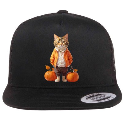 Retro Black Cat Halloween Pumpkin Costume Flat Bill Trucker Hat