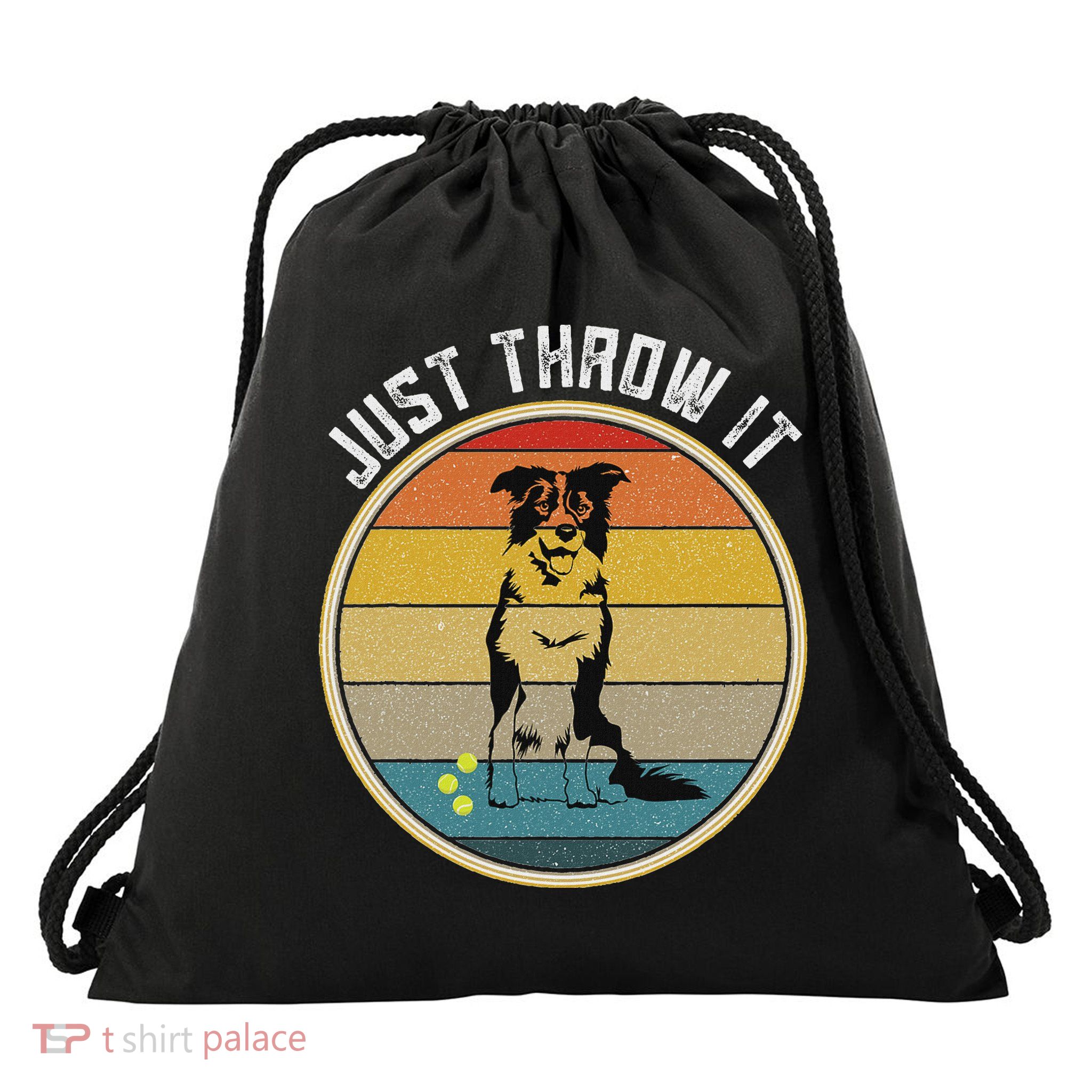 Retro Border Collie Lover Just Throw It Border Collie Mom Drawstring Bag