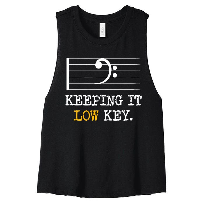 Retro Bass Clef Music Keeping It Low Key Funny Musician Women's Racerback Cropped Tank