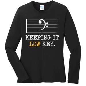 Retro Bass Clef Music Keeping It Low Key Funny Musician Ladies Long Sleeve Shirt