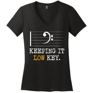 Retro Bass Clef Music Keeping It Low Key Funny Musician Women's V-Neck T-Shirt