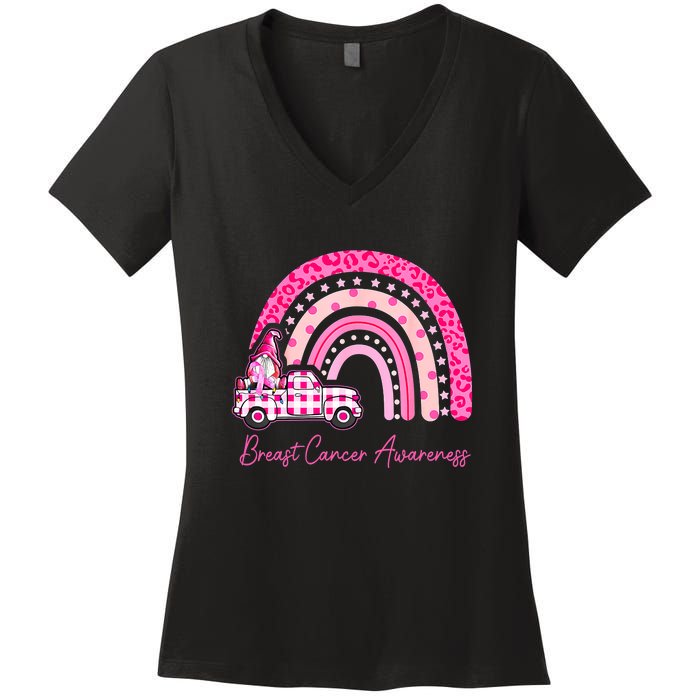 Rainbow Breast Cancer Awareness Pink Gnomes Truck Women's V-Neck T-Shirt