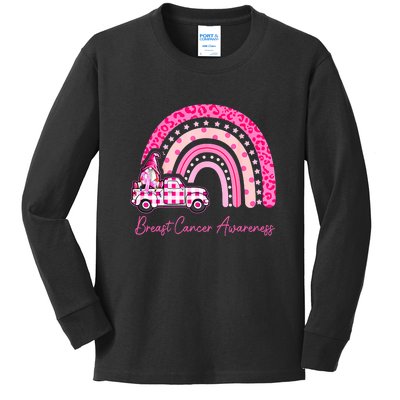 Rainbow Breast Cancer Awareness Pink Gnomes Truck Kids Long Sleeve Shirt