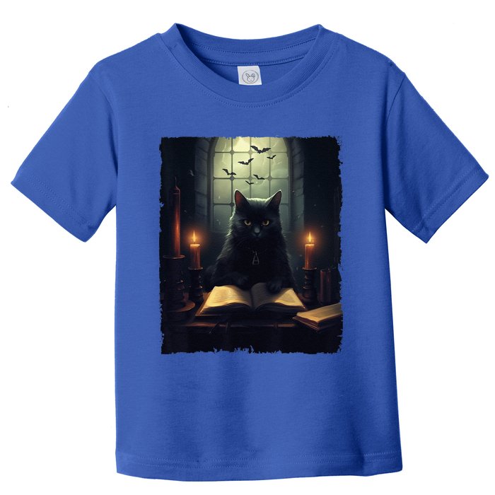 Retro Black Cat Reading Book Vintage Halloween Book Lover Toddler T-Shirt