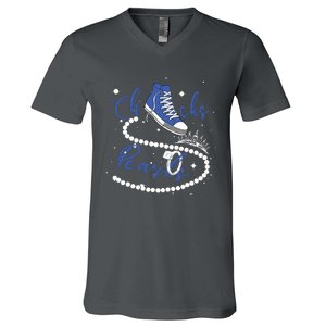 Royal Blue Chucks And Pearls V-Neck T-Shirt