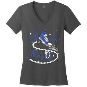 Royal Blue Chucks And Pearls Women's V-Neck T-Shirt