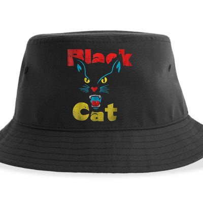 Retro Black Cat Retro Fireworks Vintage Halloween Sustainable Bucket Hat