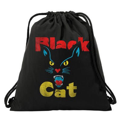 Retro Black Cat Retro Fireworks Vintage Halloween Drawstring Bag