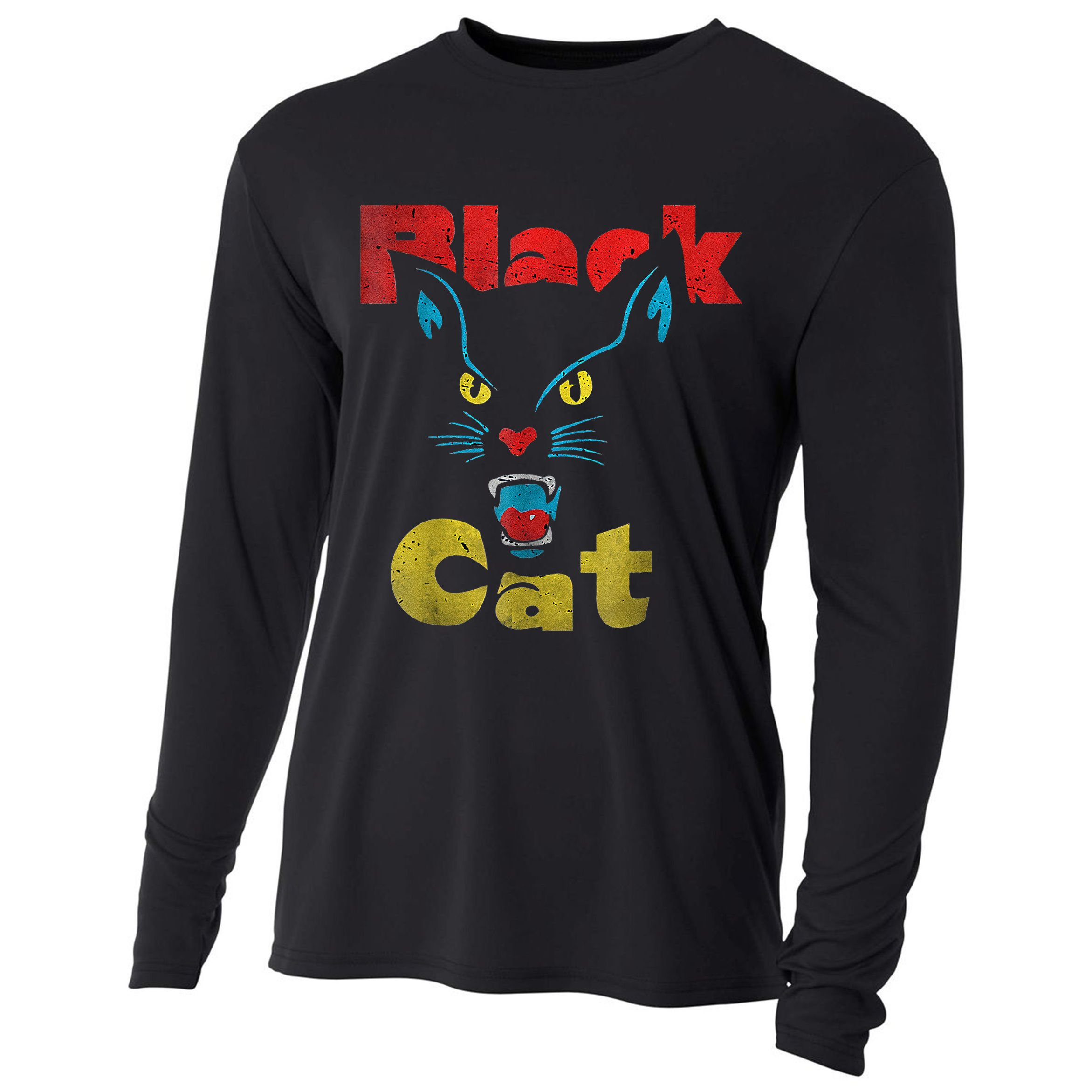 Retro Black Cat Retro Fireworks Vintage Halloween Cooling Performance Long Sleeve Crew