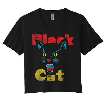 Retro Black Cat Retro Fireworks Vintage Halloween Crop Top