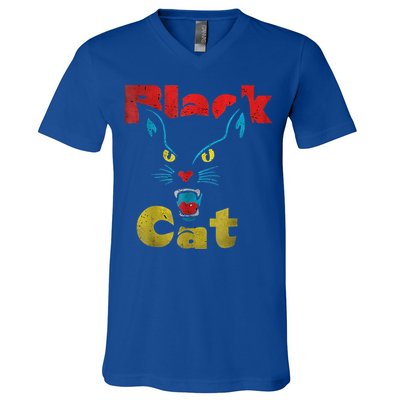Retro Black Cat Retro Fireworks Vintage Halloween V-Neck T-Shirt