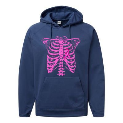 Ribbon Breast Cancer Awareness Halloween Skeleton Performance Fleece Hoodie