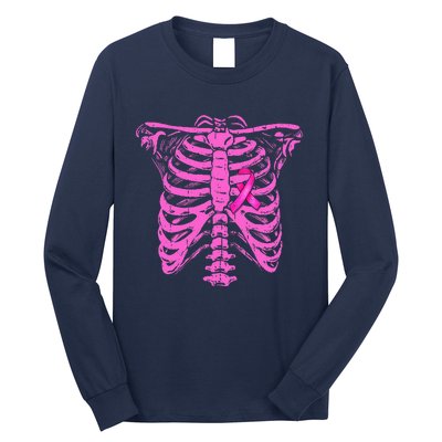 Ribbon Breast Cancer Awareness Halloween Skeleton Long Sleeve Shirt