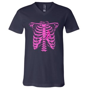 Ribbon Breast Cancer Awareness Halloween Skeleton V-Neck T-Shirt