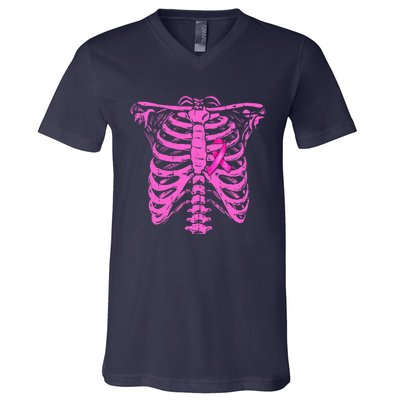 Ribbon Breast Cancer Awareness Halloween Skeleton V-Neck T-Shirt