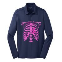 Ribbon Breast Cancer Awareness Halloween Skeleton Silk Touch Performance Long Sleeve Polo