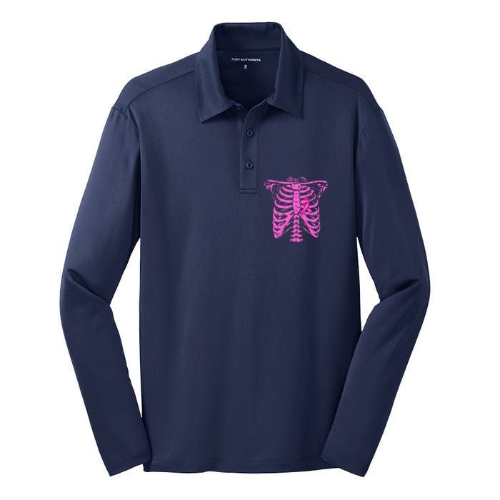 Ribbon Breast Cancer Awareness Halloween Skeleton Silk Touch Performance Long Sleeve Polo