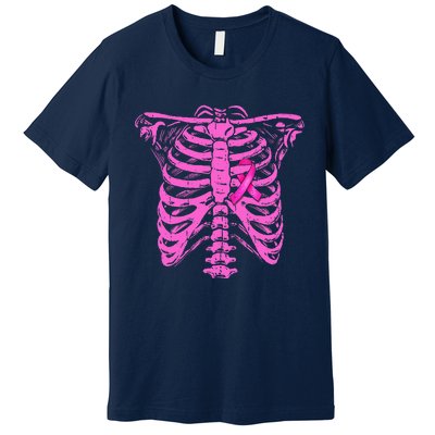 Ribbon Breast Cancer Awareness Halloween Skeleton Premium T-Shirt