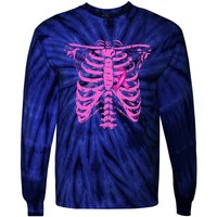 Ribbon Breast Cancer Awareness Halloween Skeleton Tie-Dye Long Sleeve Shirt