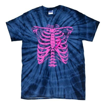 Ribbon Breast Cancer Awareness Halloween Skeleton Tie-Dye T-Shirt