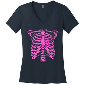 Ribbon Breast Cancer Awareness Halloween Skeleton Women's V-Neck T-Shirt