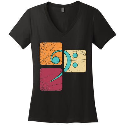 Retro Bass Clef Musician Composer Music Note Bass Clef Women's V-Neck T-Shirt