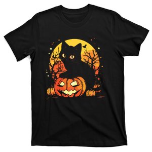 Retro Black Cat Halloween Pumpkin Costume T-Shirt