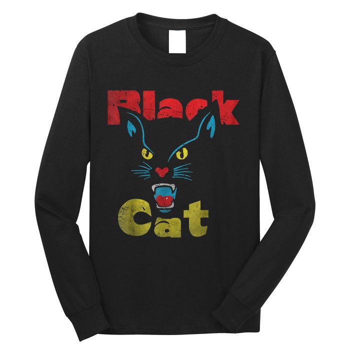 Retro Black Cat Retro Fireworks Vintage Halloween 70s Long Sleeve Shirt