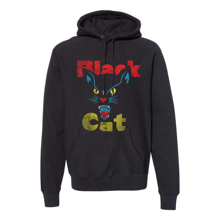 Retro Black Cat Retro Fireworks Vintage Halloween 70s Premium Hoodie