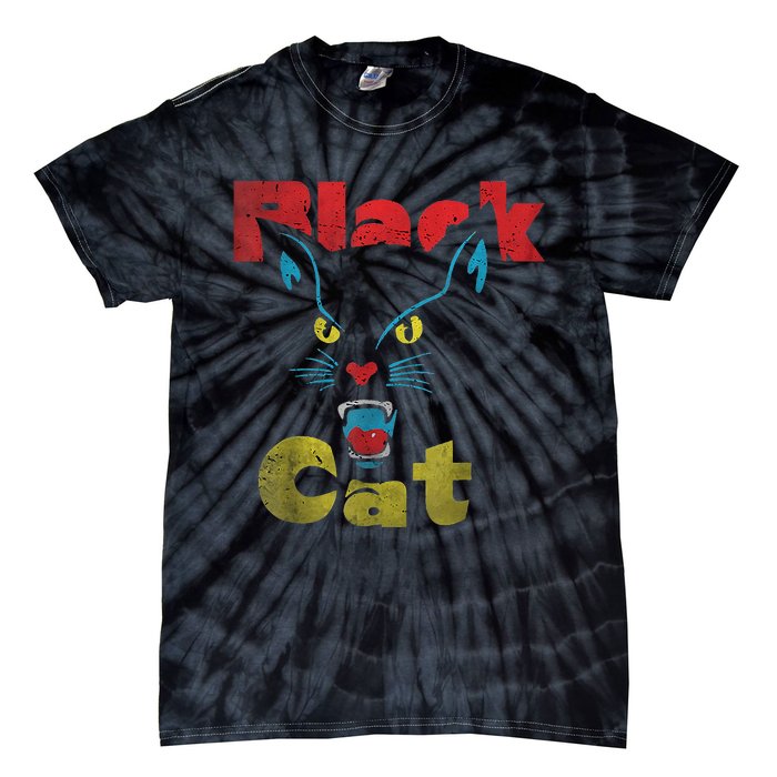 Retro Black Cat Retro Fireworks Vintage Halloween 70s Tie-Dye T-Shirt