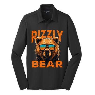 Rizzly Bear Cool Grizzly Bear Wearing Sunglasses Funny Meme Silk Touch Performance Long Sleeve Polo