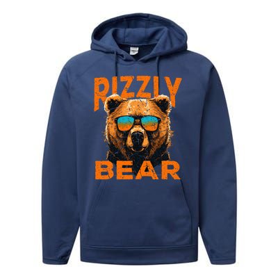 Rizzly Bear Cool Grizzly Bear Wearing Sunglasses Funny Meme Performance Fleece Hoodie