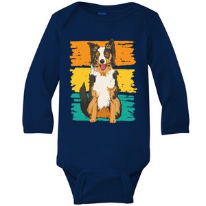 Retro Border Collie Baby Long Sleeve Bodysuit