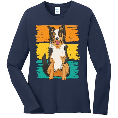 Retro Border Collie Ladies Long Sleeve Shirt