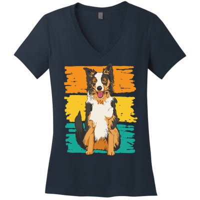 Retro Border Collie Women's V-Neck T-Shirt